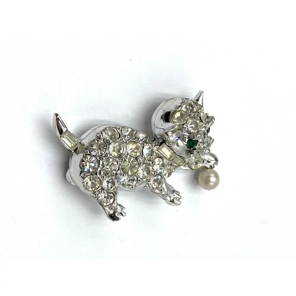PELL Vintage Brooch Cat Playing Ball Crystals Silver Tone Green Eyes Faux Pearl